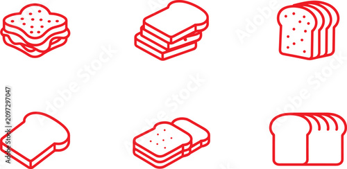 Set of red outline sliced bread and sandwich icons for bakery menu UI design