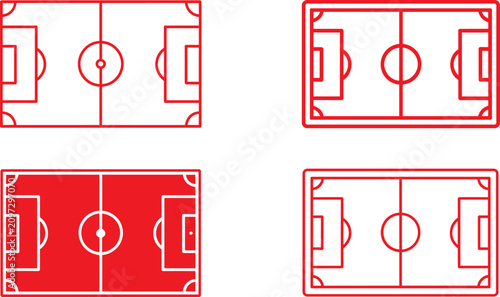 Set of red outline soccer field and football pitch layout icons for sports UI design