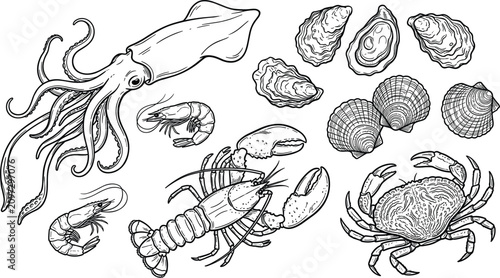 Bild auf Leinwand Fresh Seafood Element Set Featuring Squid Lobster Crab Shrimp Clams and Oysters