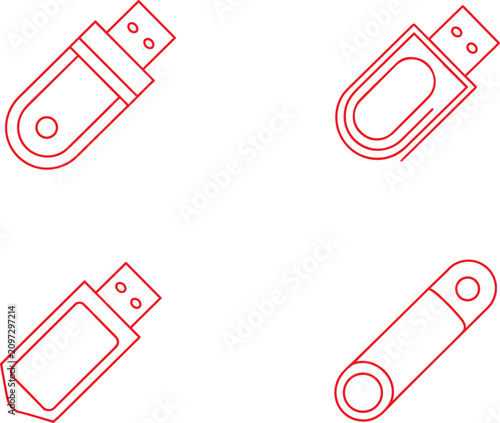 Set of red outline USB flash drive icons for digital data storage and technology UI design