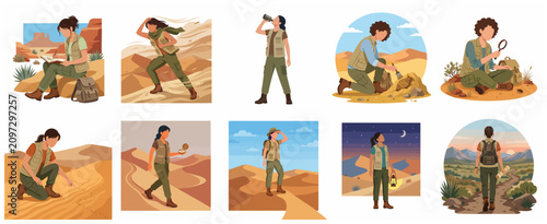 Obraz na płótnie Collection of female explorer and archaeologist characters adventuring in desert