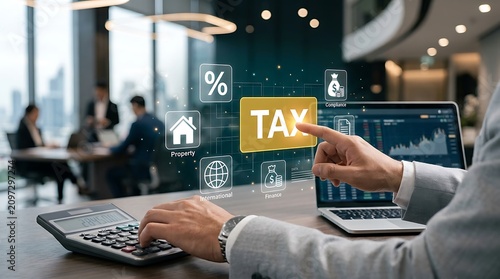 Businessman calculating taxes using calculator and laptop with glowing tax related icons