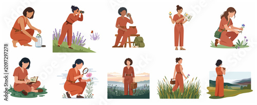 Konstfotografi Set of female botanist and naturalist explorer characters studying plants and wi