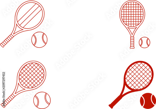 Tennis Racket and Ball Line and Solid Icon Set Sports Equipment Vector Collection