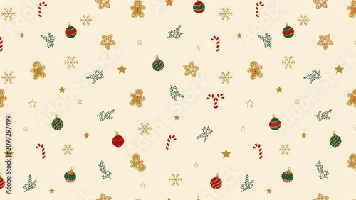 Festive christmas seamless pattern with gingerbread men, candy canes, colorful baubles, snowflakes, and stars on a soft cream background