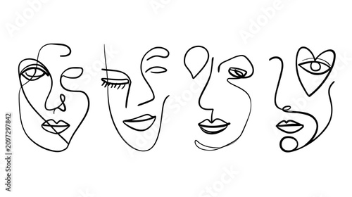 Abstract Line Art of Human Faces in Minimalist Style Representing Emotions and Expressions