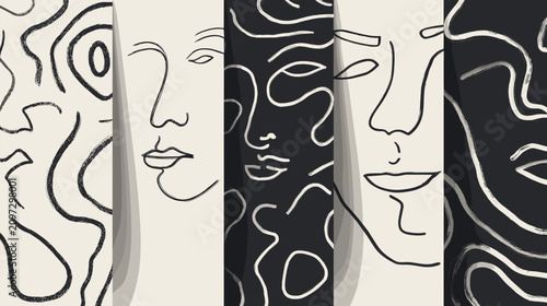 Konstfotografi Abstract Minimalist Art Featuring Stylized Faces in Black and White Lines with F