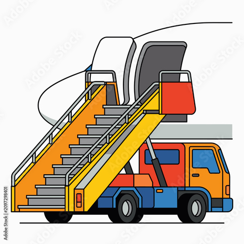 Yellow truck loading with yellow metal stairs accessing cargo vehicle logistics transport scene
