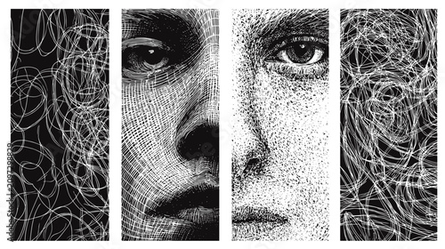 Foto Abstract Portrait of a Human Face with Intense Emotions and Monochrome Textures