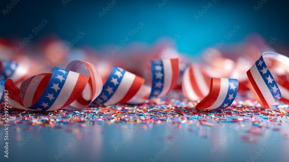 Fototapeta premium Red white blue ribbon curled with star pattern on colorful confetti surface