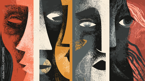 Vászonkép Abstract Portrayal of Diverse Faces in Bold Colors and Textures Representing Emo