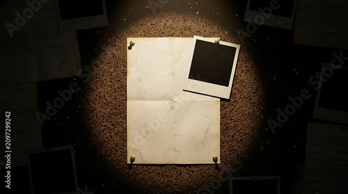 Old vintage paper with blank space pinned to dark cork board under dramatic spotlight with blurred polaroid photos in mysterious detective investigation scene