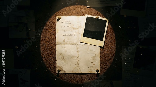 Old paper with handwritten notes about evidence from October 1978 pinned to cork board under dramatic spotlight with dark polaroid photo in mystery scene