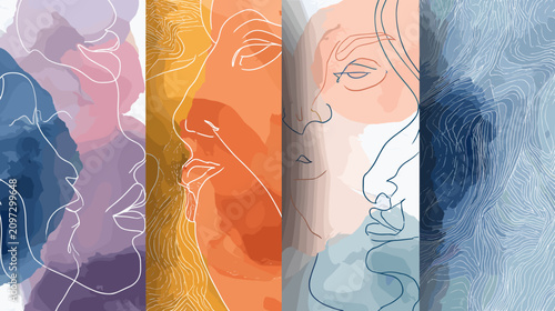 Fotografía Abstract Watercolor Art Featuring Colorful Faces and Soft Lines in Modern Design