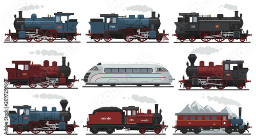 Foto A comprehensive collection of various train types, including classic steam locomotives, a modern high-speed train, and passenger railway cars, depicted in detailed illustrations