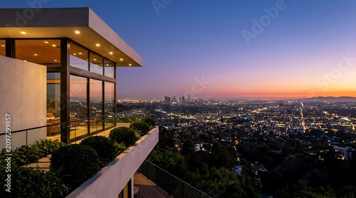 Modern luxury mansion exterior balcony overlooking Los Angeles city skyline at twilight with glowing lights and architectural design features and evening atmosphere
