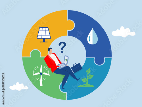 businessman using a laptop featuring environmental sustainability icons like solar and wind energy to reach a world that represents the journey towards upward growth trends.