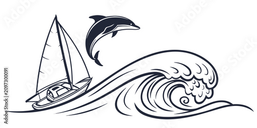 Photography Black and white silhouette of a surfer riding a curling sea wave surfboard