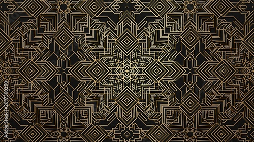 Intricate black and white geometric pattern design.