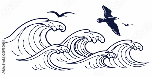 Sticker Black and white line surfing waves with surfers, dynamic ocean motion dynamic mo