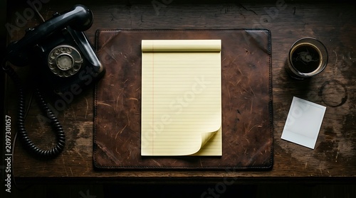 Top down view of vintage rotary telephone and yellow legal pad on leather desk surface with blank polaroid frame and coffee cup for retro office workspace concept