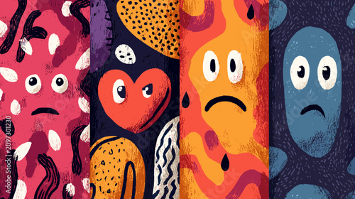 Tableau sur toile Colorful Abstract Expression of Emotions with Faces and Patterns in Vibrant Desi