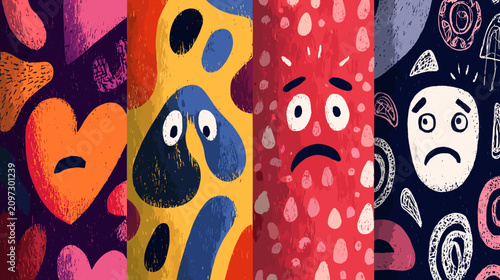 Photos Colorful Abstract Expression of Emotions with Faces Displayed on Vibrant Pattern