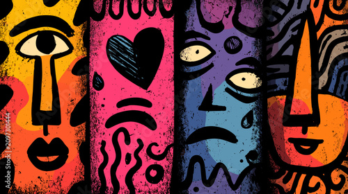 Εκτύπωση καμβά Colorful Abstract Faces Depicting Various Emotions In A Vibrant Mixed Media Artw