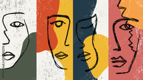 Foto Colorful Abstract Faces in Line Art Composition Featuring Modern Artistic Expres