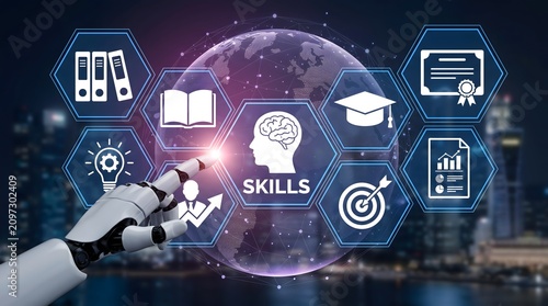 Robot hand interacts with skills graphic, symbolizing digital learning and career development