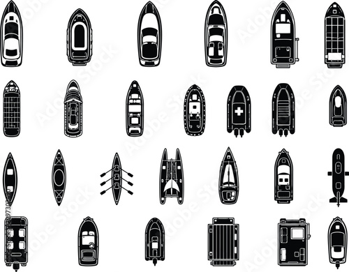 Tableau sur toile Ship top view vector illustration with colorful yachts, boats, kayak, canoe, fer