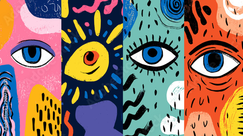 Cuadro en lienzo Colorful Abstract Graphic Art Featuring Stylized Eyes and Sun in Vibrant Pattern