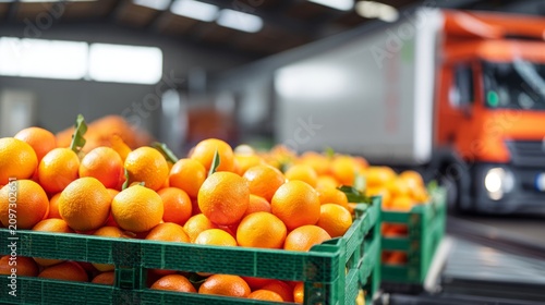 Fresh orange fruit crates stacked in warehouse with delivery truck background