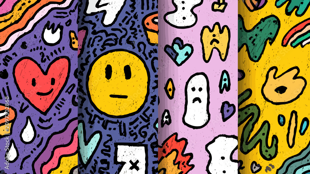 Fototapeta premium Colorful Abstract Illustration Featuring Playful Patterns and Whimsical Emotions in Vibrant Tones