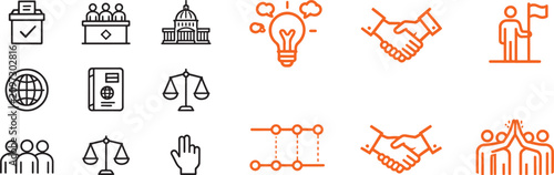 Foto Government and diplomacy vector icon set with voting ballot scales of justice ha