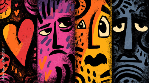 Fotografie Colorful Abstract Illustration of Expressive Faces Representing Various Emotions
