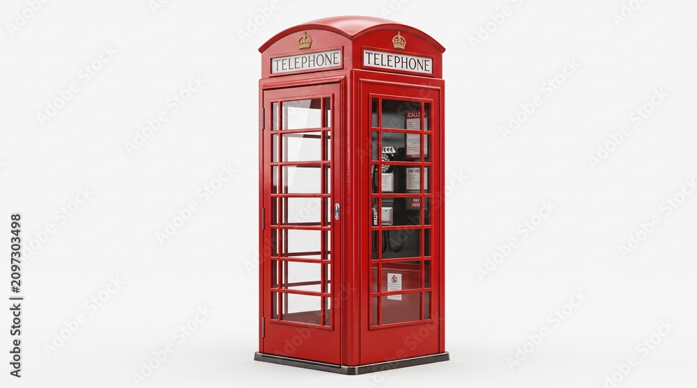 Obraz premium Classic red british telephone box isolated on white background london style public phone booth icon.
