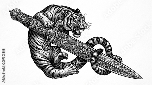 Foto Tiger coiling around ornate ceremonial dagger