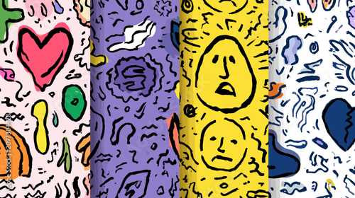 Slika na platnu Colorful Abstract Patterns with Emotive Faces and Whimsical Shapes in Dynamic De