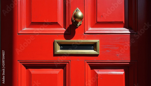 Bright red residential entrance door features polished brass letterbox slot. Direct sunlight casts sharp shadows on wooden panel surfaces. Brass knob adds elegant touch to home exterior. No junk mail