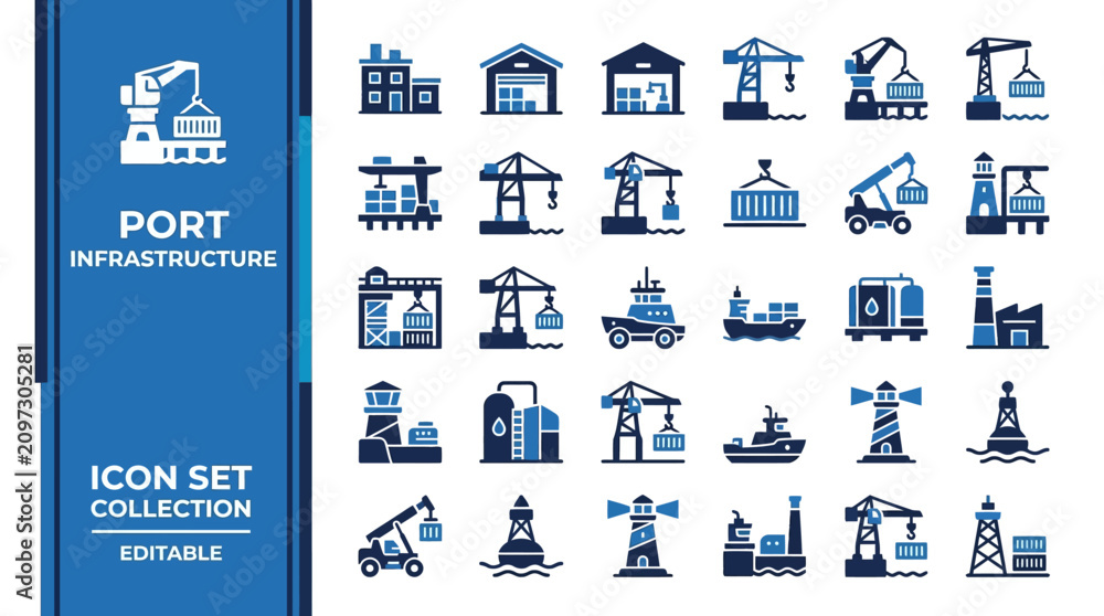 Obraz premium Port infrastructure icon set for shipping and logistics
