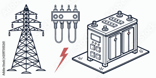 Schilderij op canvas Eiffel tower, lighthouse, and power converter on white background, electrical en