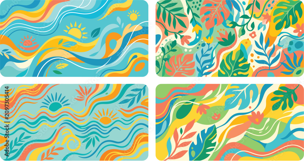 Obraz premium Vibrant Abstract Patterns with Leaves, Suns, and Wavy Lines in Blue, Yellow, Orange, and Green