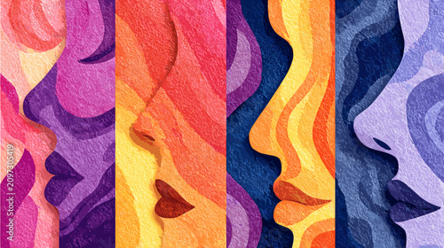Colorful Abstract Representation of Female Faces with Vibrant Silhouettes and Textured Layers