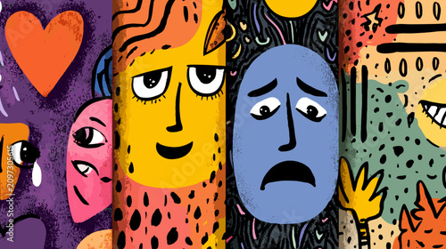 Bilde på lerret Colorful Expressionist Illustration Featuring Faces with Varied Emotions and Dis
