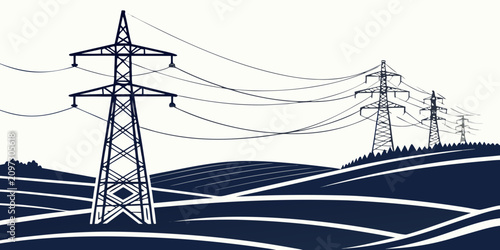 Foto High-voltage electric power transmission lines against cloudy sky, silhouetted s