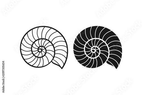 Nautilus seashell outline and silhouette icon set. Fibonacci spiral ammonite fossil symbol