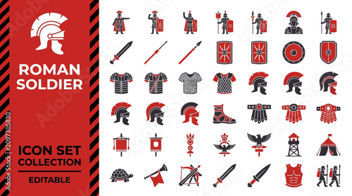 Foto Roman soldier icon set with ancient military equipment and armor
