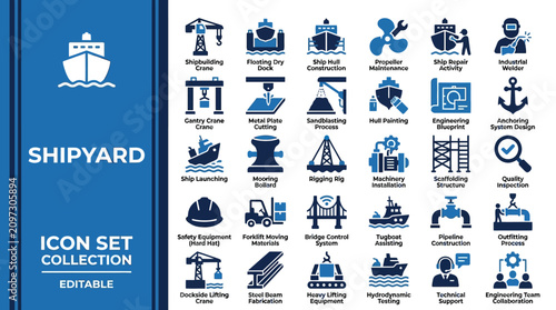 Shipyard and maritime industry manufacturing icon collection