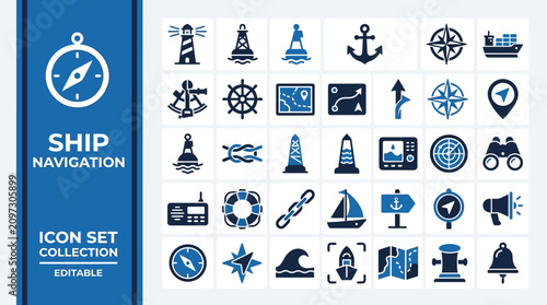Cuadro en lienzo Nautical navigation icon set featuring compass anchor and lighthouse